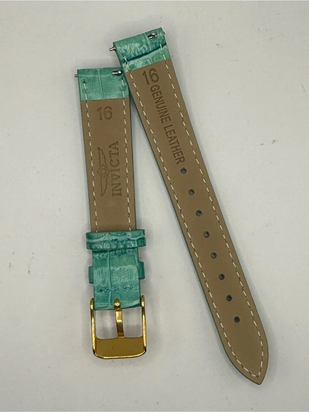 Invicta 16mm Teal Alligator Embossed Leather Watch Band Gold Tone Buckle